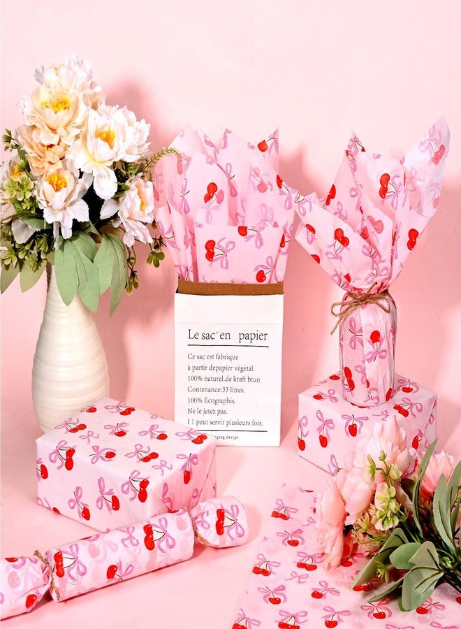 Sanixin 100Pcs Pink Bow Cherry Tissue Paper Sweet Bowknots Red Cherry Printed Tissue Paper for Birthday Party Bags DIY Craft - Image 4